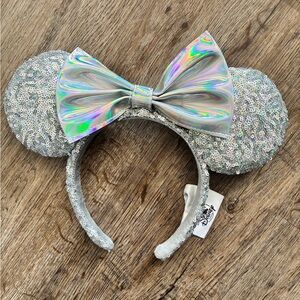 Silver Sequin Mouse Ears Headband with Holographic Bow
